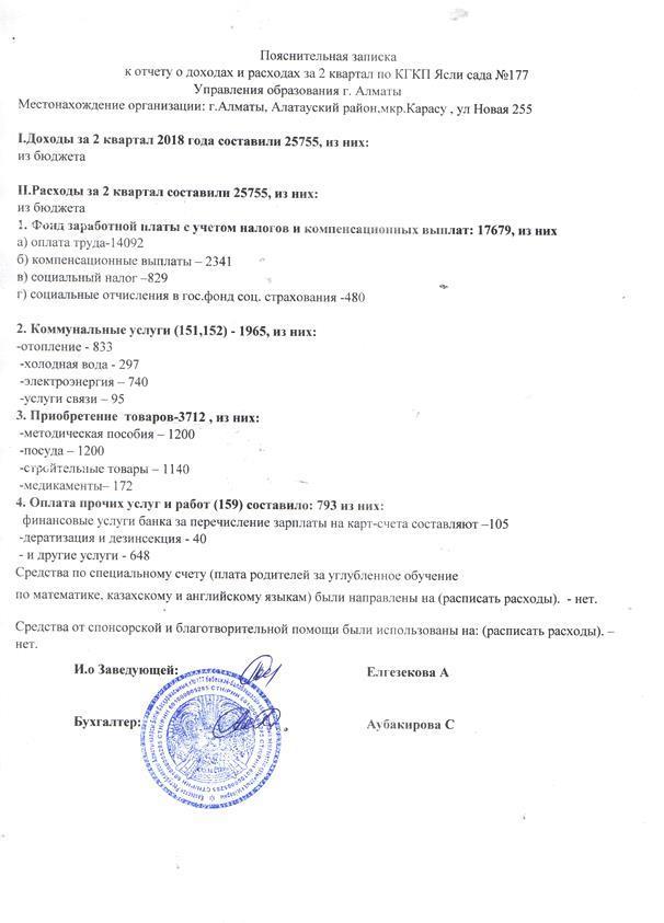 Отчет о доходах и расходах за 2 квартал 2018 года