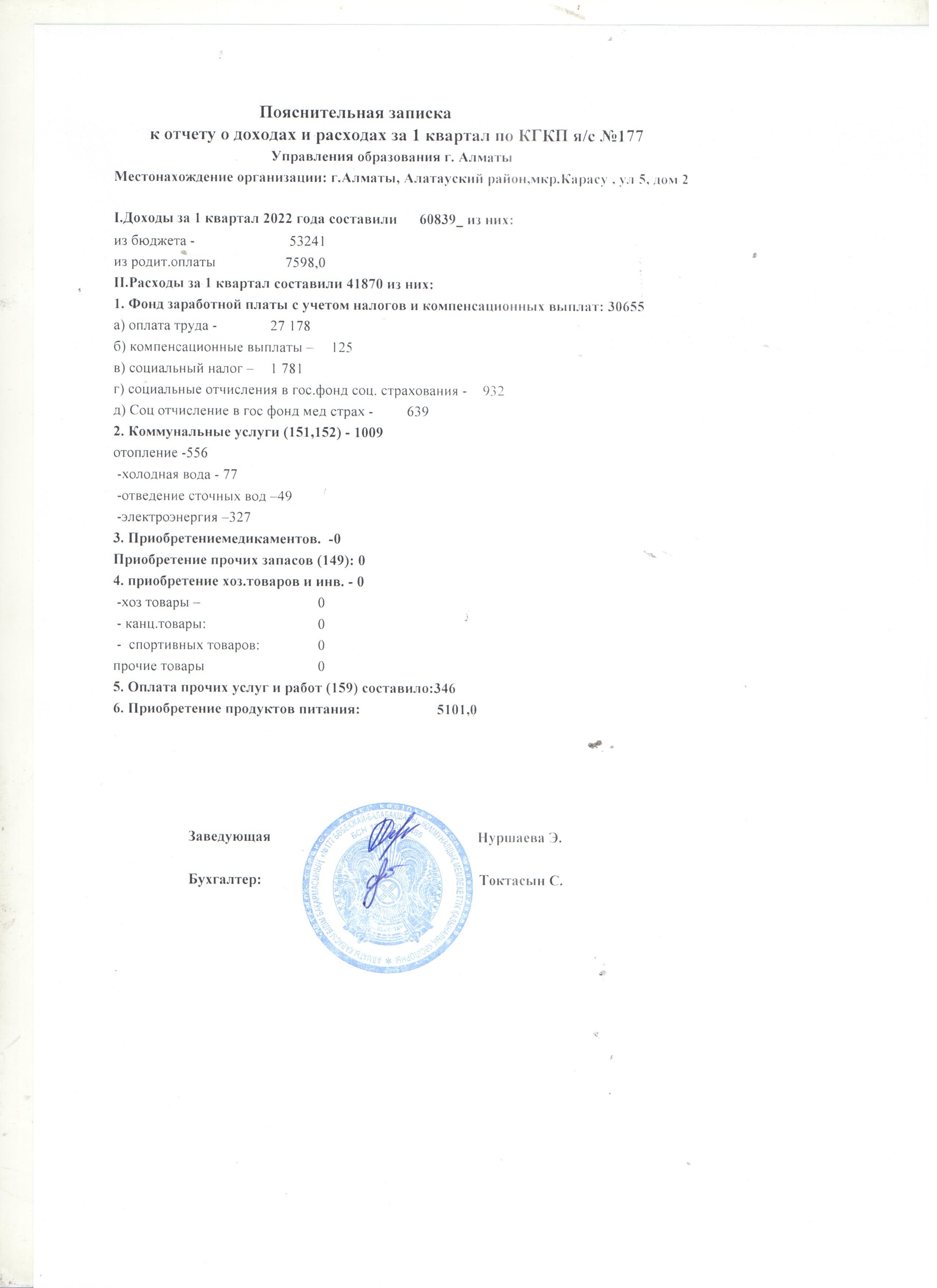 Пояснительная записка к отчету о доходах и расходах за 1 квартал 2022 года