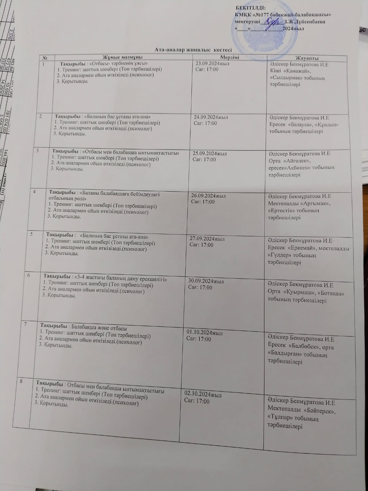 Ата-аналар жиналысының кестесі
